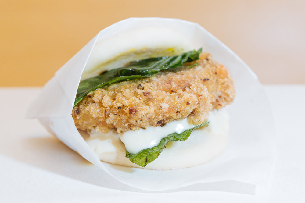 Taiwanese Fried Chicken Gwa Bao w lemon aioli and Thai basil