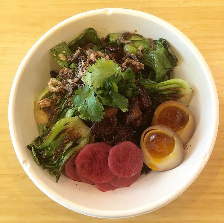 Taiwanese comfort dish made w braised heritage pork shoulder &amp; belly served w pickled daikon radishes, finished with crispy shallots, scallions, and cilantro *served w Forbidden Rice*